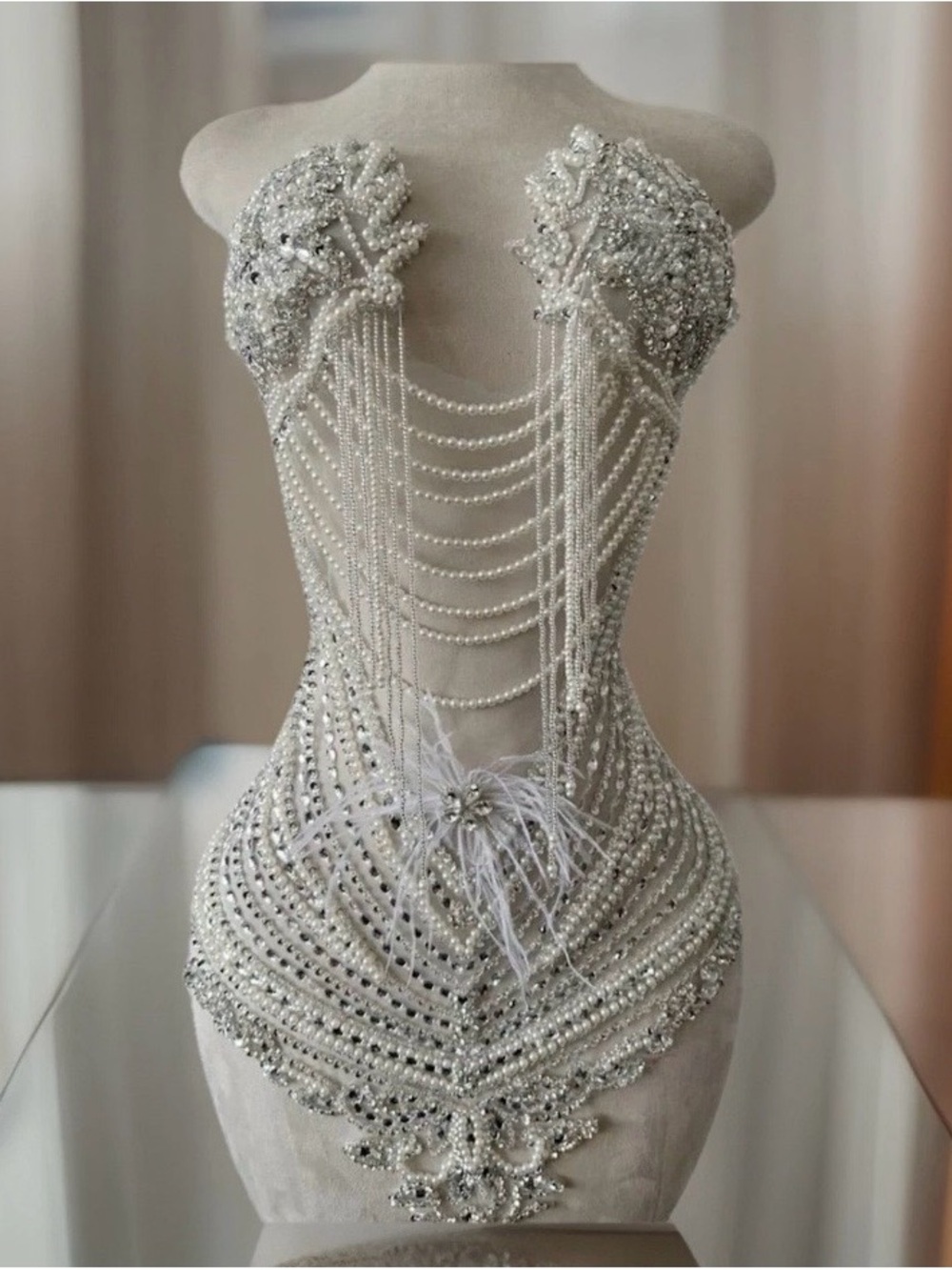 Handmade Rhinestones Lace Bodice Applique Sew on Beads Sequins For Dress Silver